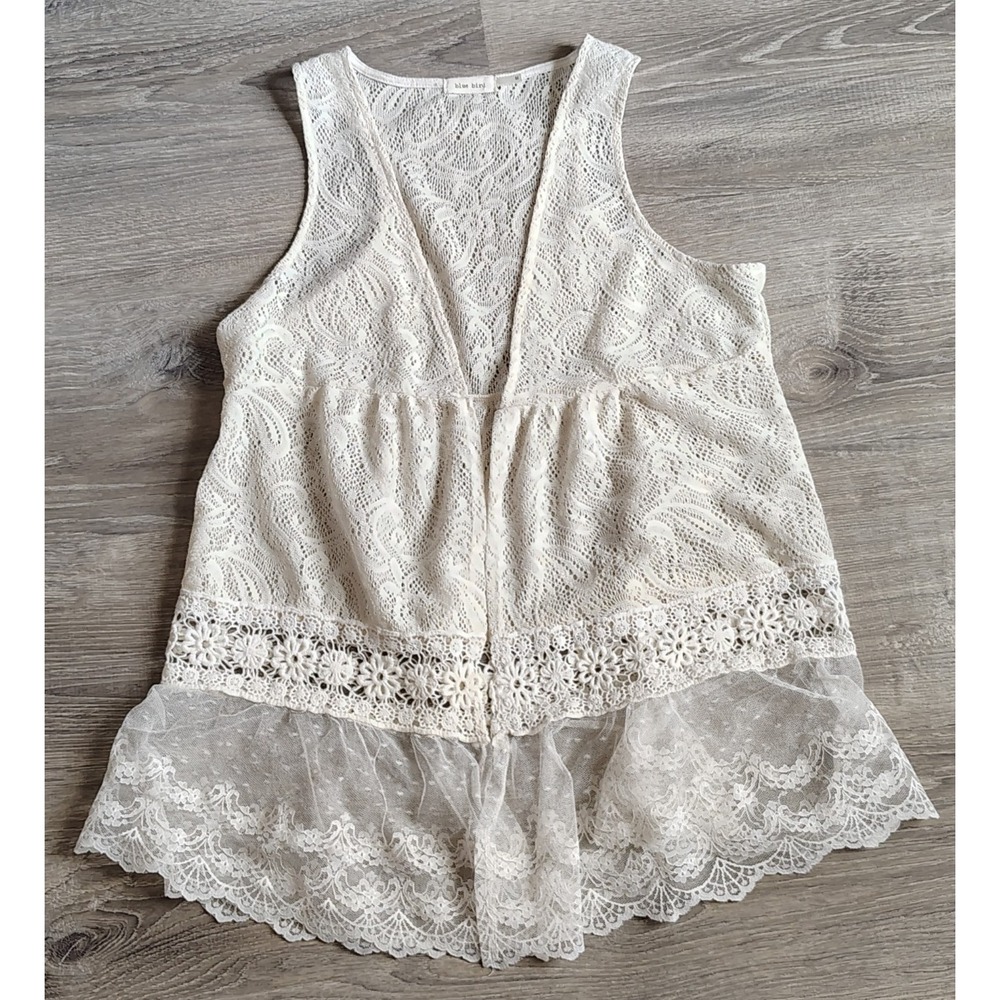 Blue Bird Womens S‎ Open Embroidered Vest White Lace Layered Anthropologie **